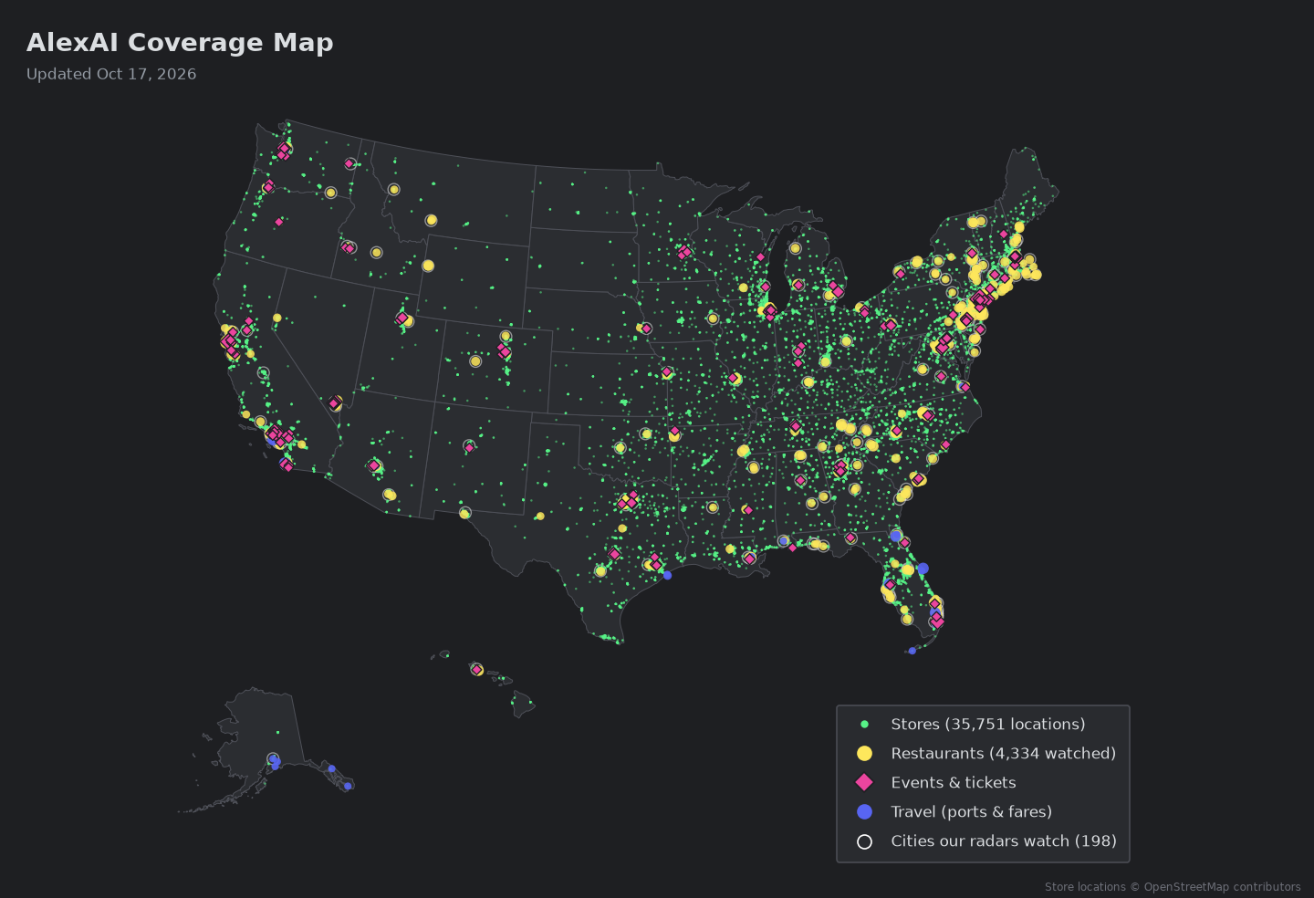 Map of the US showing store, restaurant, event and travel coverage